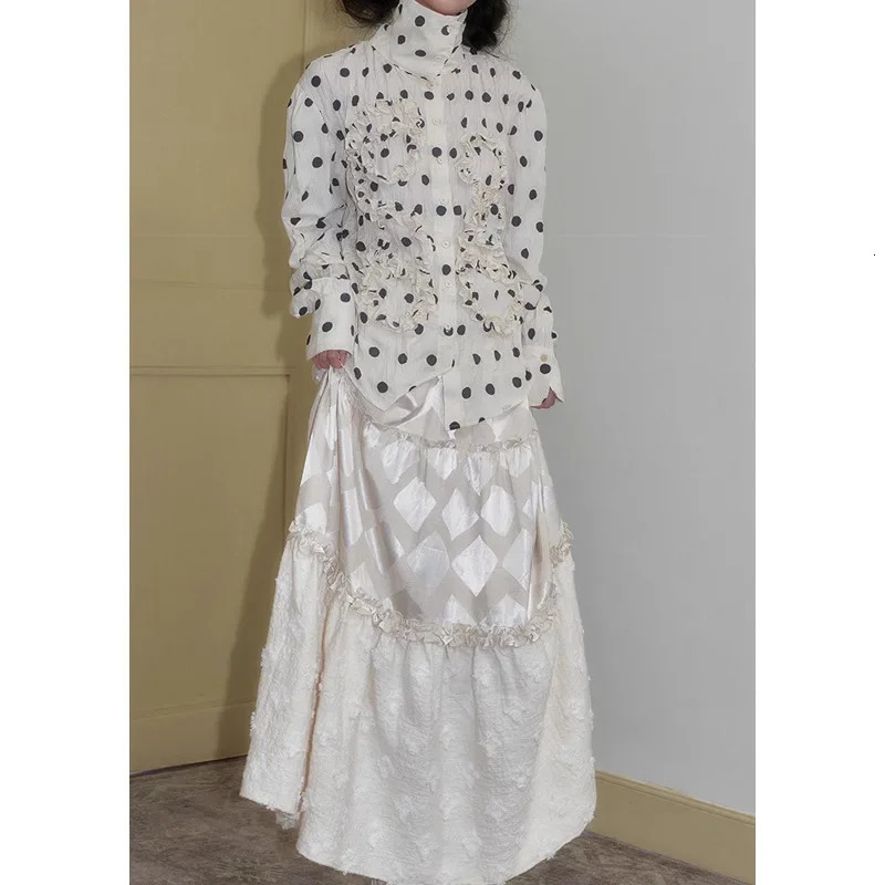 Jin Yi n Spring Autumn Style Beige Polka Dot Pleated Asymmetrical High Collar Large Turn Collar Shirt for Women 250417