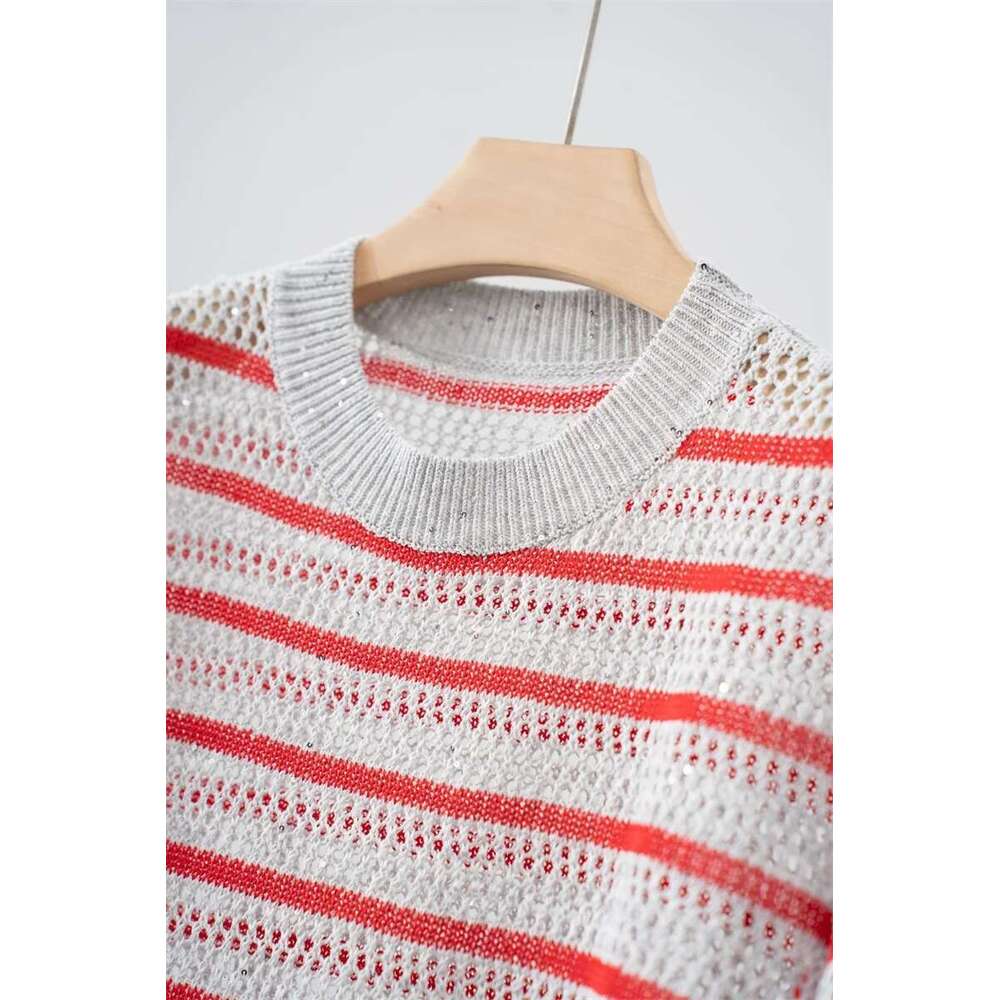 Naizaiga 100 EN O-Neck Long Sleeve Red Gray Striped Sequins Loose 2025 Spring Women Pullover Sweaters Ry15a