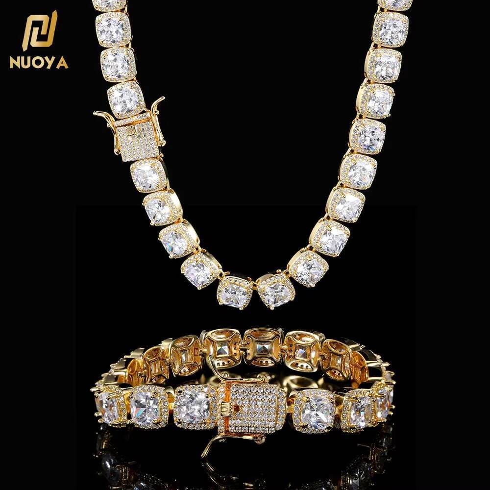 Moissanite 10mm Iced Out Bling Chain Necklace Hip Hop Fine Jewelry Men Geometric Square CZ Cluster Tennis Necklace