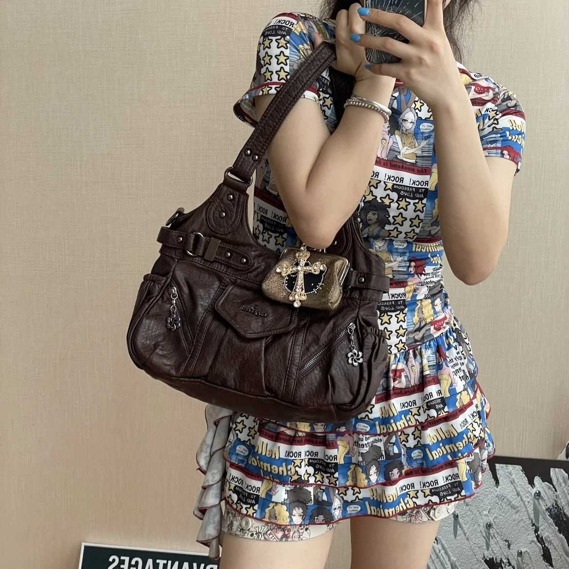 Vintage Y2K Hottie Motorcycle Tote Bag for Women Large Capaci Shoulder Bag Single Oulder Crossbody Handbag Purses and HandbagsW251117