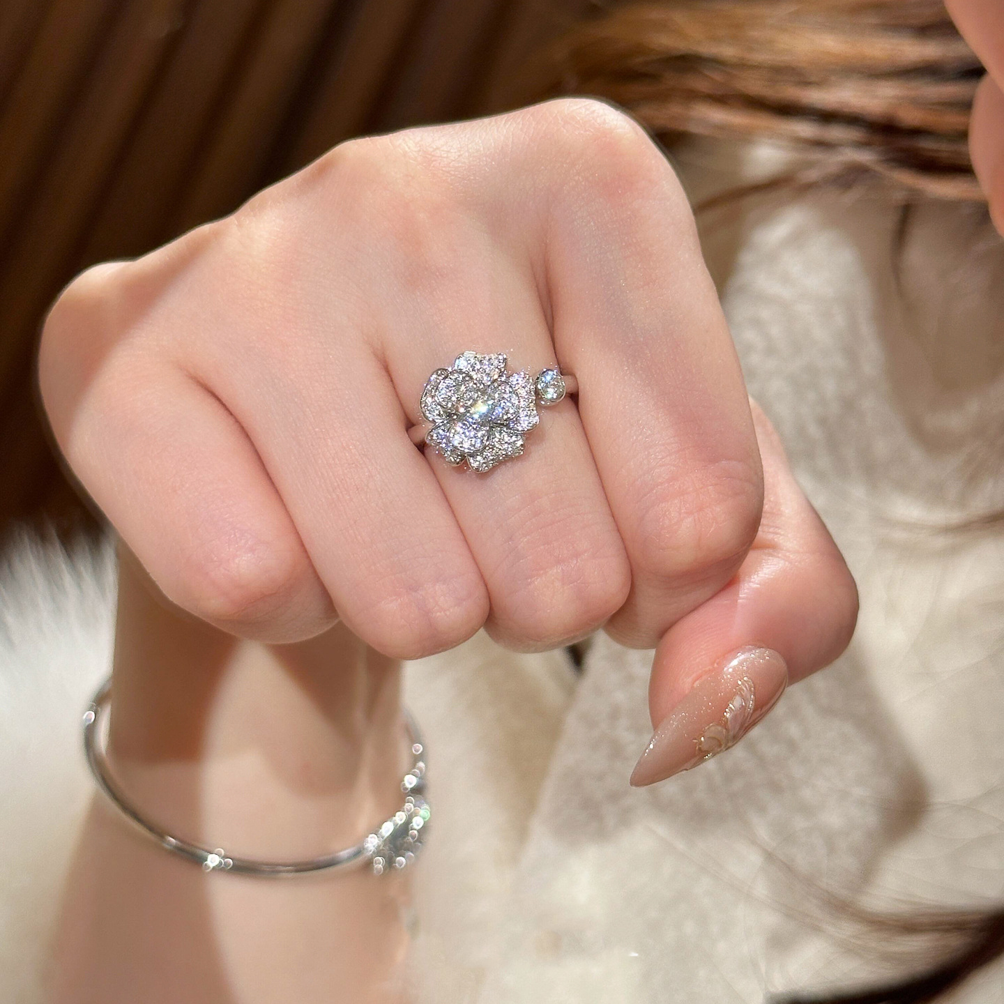 Korean Super Shiny Zircon Flower Open Palace Style Elegant Versatile Index Finger Ring Light Luxury High-end Feel Women's Jewelry