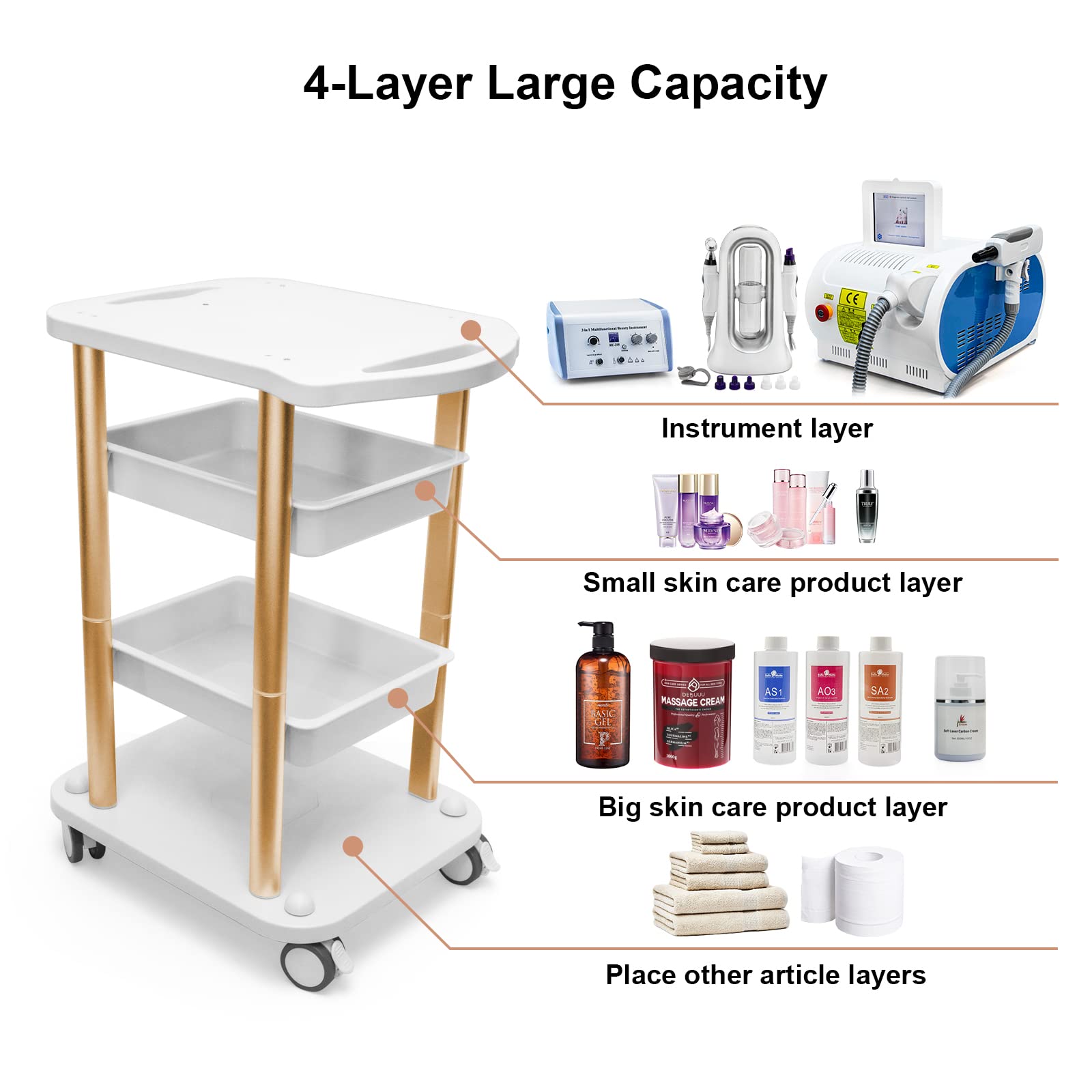 Beauty Salon Furniture Trolley Spa Styling Pedestal Rolling Cart 4 Shelf Abs Aluminum Elitzia ETTRO5