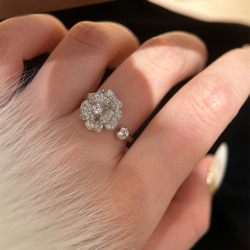 Korean Super Shiny Zircon Flower Open Palace Style Elegant Versatile Index Finger Ring Light Luxury High-end Feel Women's Jewelry