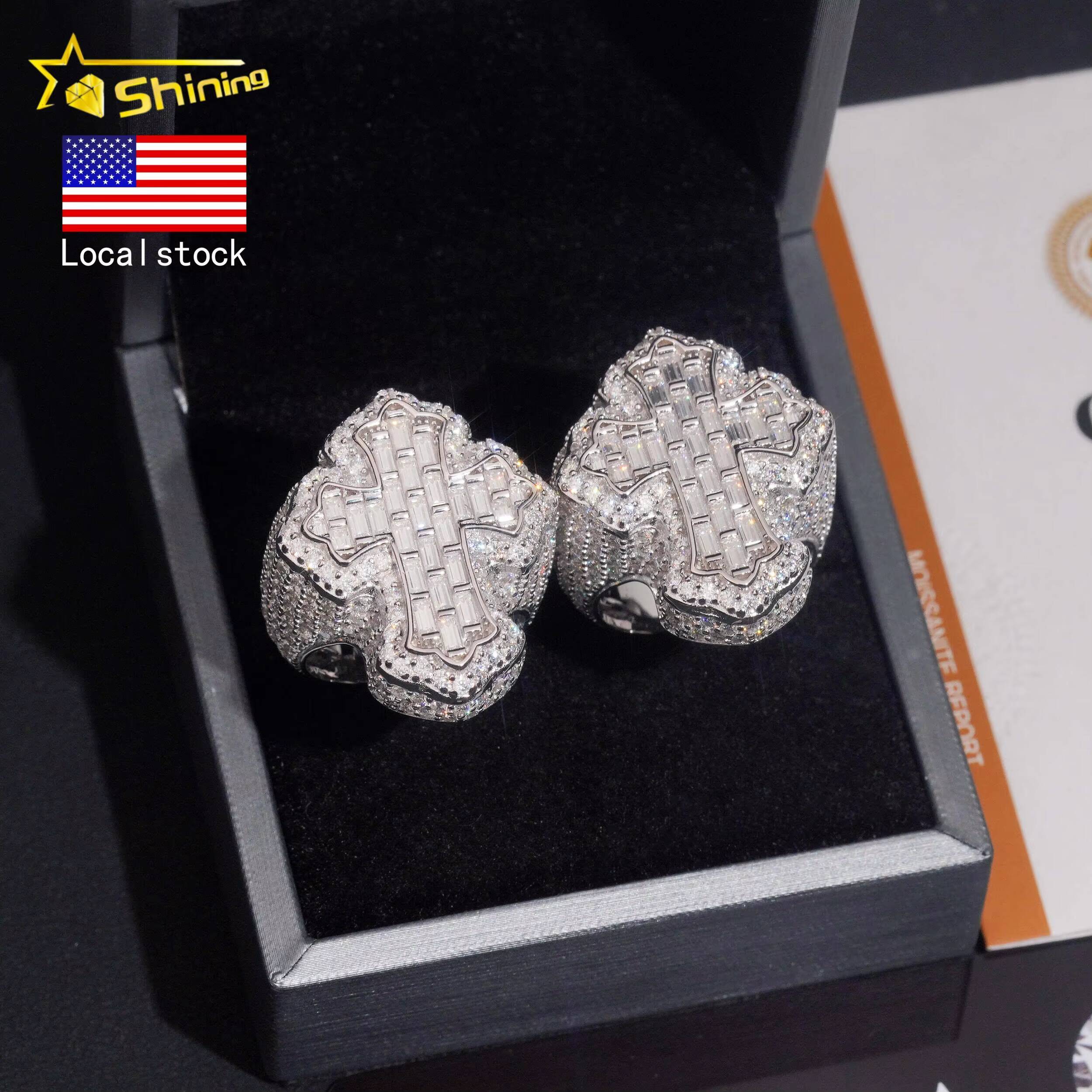 Hot Selling Moissanite Mens Ring USA Local Stock Shipping 925 Silver Baguette Moissanite Cross Ring GRA Certificated