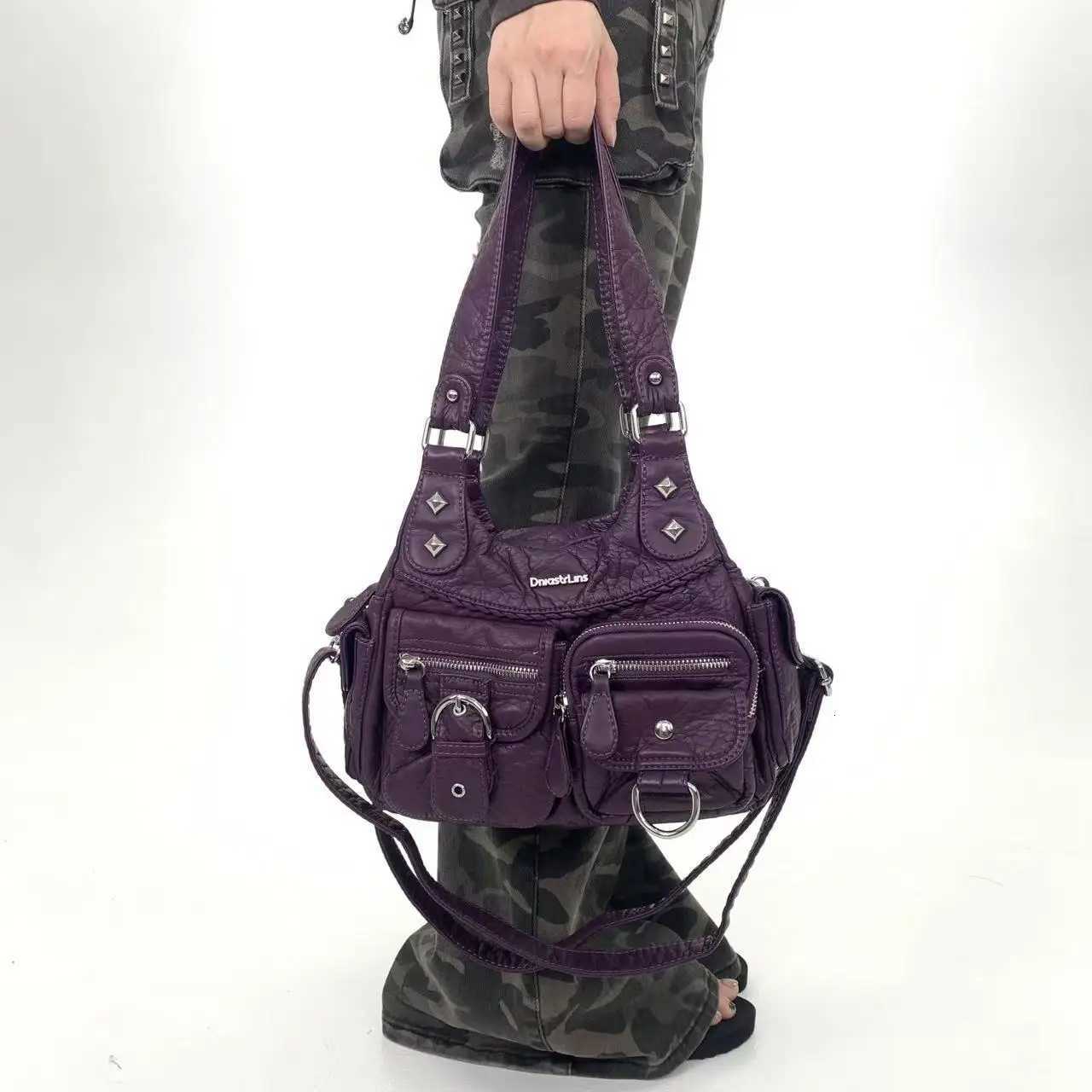 Y2K ladies vintage street shoulder bag with multiple pockets personalized rivet handbagW251117
