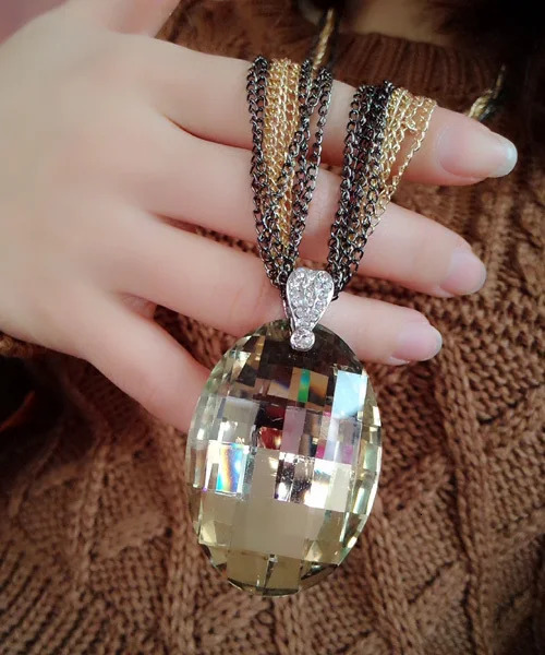 Gold Color Black Oval Glass Crystal Pendant Charm Multi-Chain Long Chain Necklaces for Women Summer Party Gift 251114