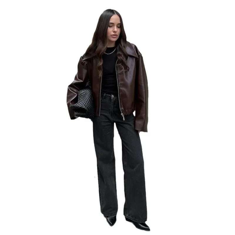 Elegant Chic New Long Sleeve Turn Down Collar Loose Coat Outwear Streetwear 2024 Autumn Winter Women Motorcyle PU leather Jacket