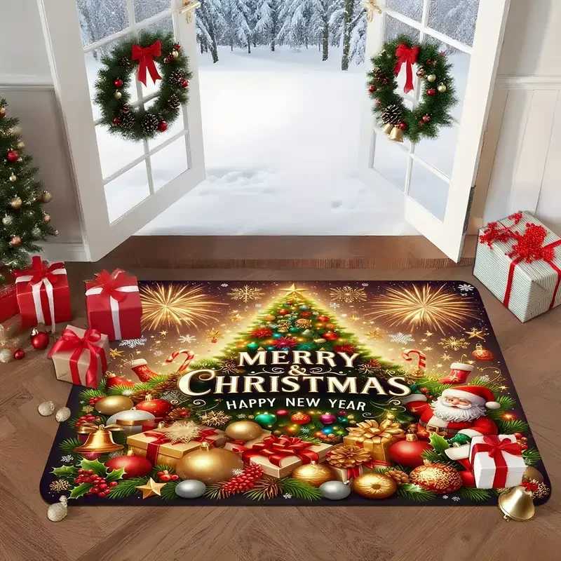 VIKAMA Merry Christmas Doormat-Holiday Tree and Santa Design Machine Washable Thick Flannel Suitable for Bathroom Living RoomM251117