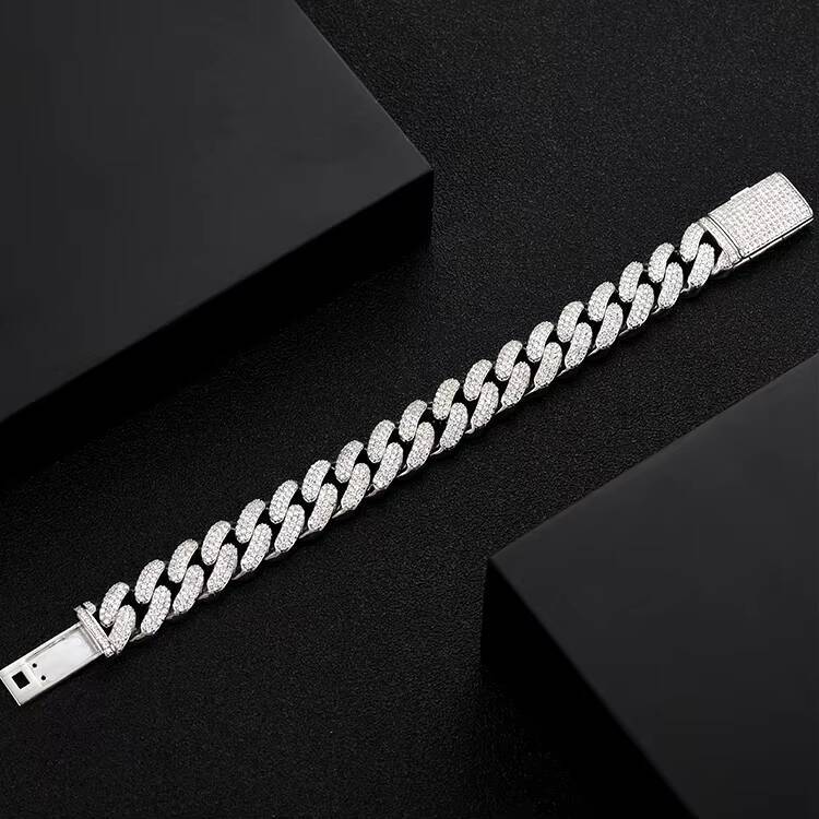 Luxury Men Prong Settling 12mm Miami Cuban Bracelet 3 Rows Black Gold Men Moissanite Cuban Link Chain in 925 Silver
