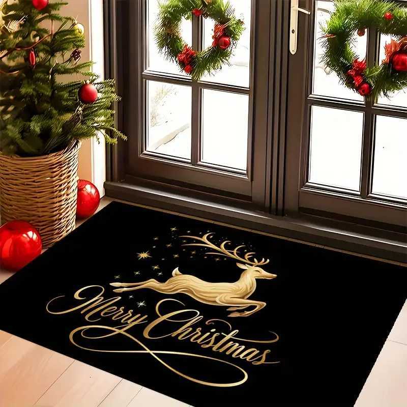 VIKAMA New Christmas Home Decor Doormat Christmas Gold Reindeer Black Carpet Indoor and Outdoor Entrance Welcome Mat Non-SlipM251117