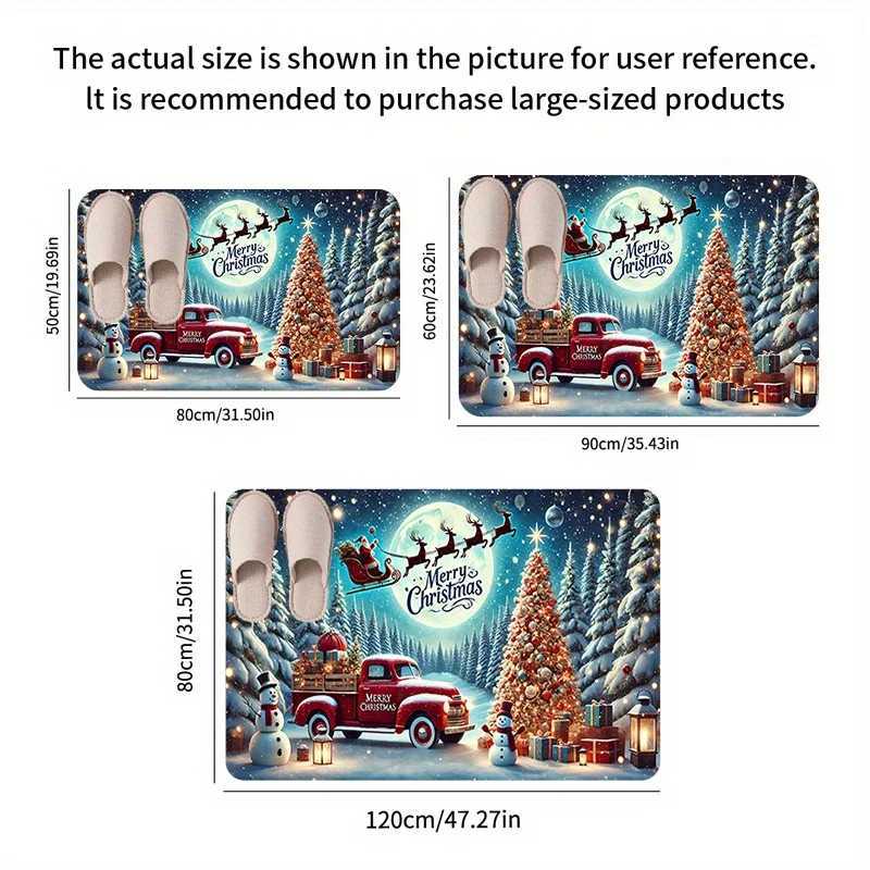 Open-1pc Winter Christmas Door Mat Flannel Thickness Winter Christmas Little Red Car Print Non-Slip Mat ComfortableM251117