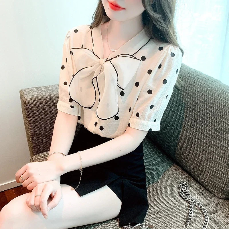 2025 Fashion Summer Short Sleeve Dot Women Shirt Bow Collar Chiffon Shirt Blouse Women Tops Camisas Blusas Camisas De Mujer G459 250417