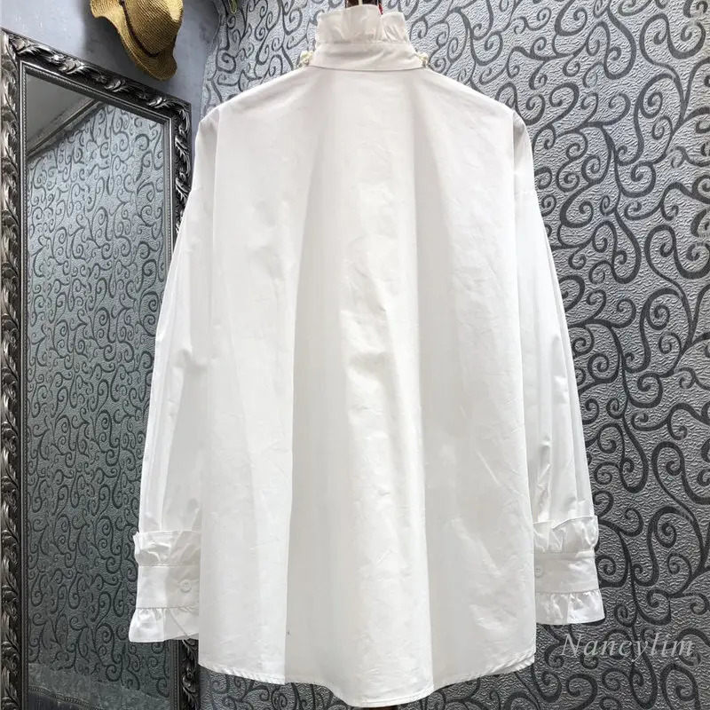 Spring Exquisite Rhinestone Beaded Ruffled Shirt for Women Long Lantern Sleeve Cotton Blusas Ladies White Blouses Loose Top 250415