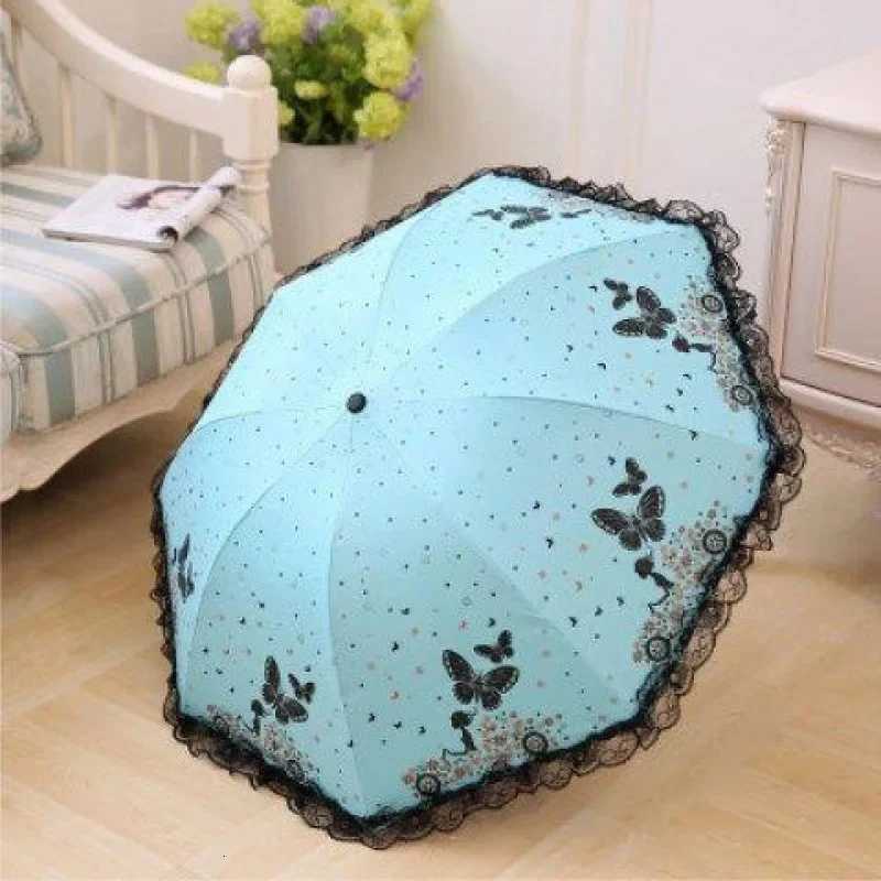 Butterfly Lace Printed Sunshade Umbrella For Both Rain Triple Fold Wind Resistant and Sun ResisTant Black Rubber Umbrella C251117