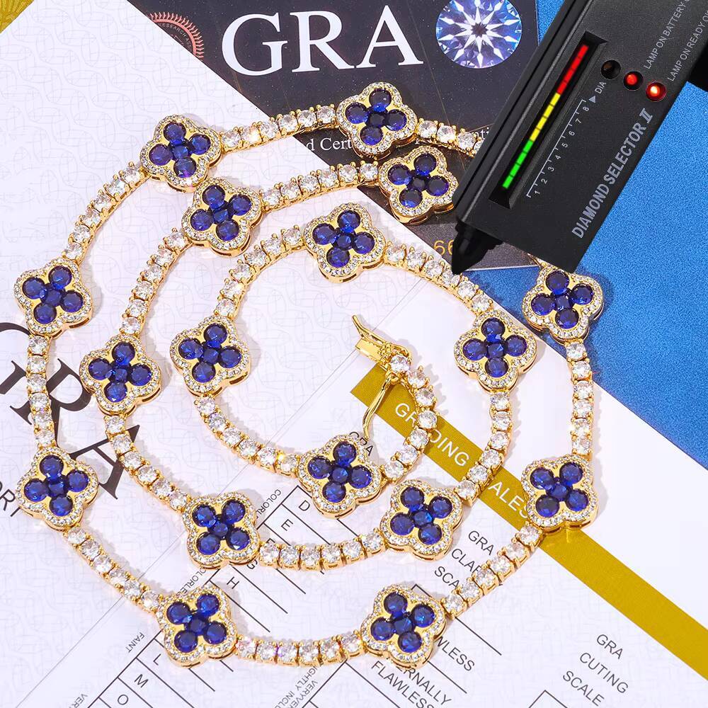 NUOAY Hip Hop Jewelry 3mm Iced Out VVS Moissanite Tennis Chain Four Leaf Clover 925 Silver Necklace Gift for Men Women