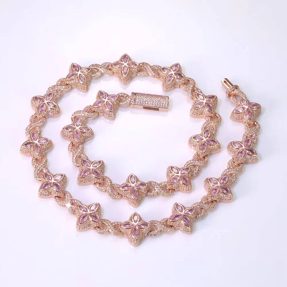 Moissanite Hip Hop Jewelry 8mm Colored Iced Out Diamond Flower Chain Infinite Symbol Chain Four Leaf Clover Necklace for Men Women