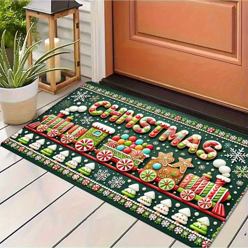 1pc Festive Christmas Door Mat - Non-Slip Washable Polyester Mat with Candy Canes Snowflakes and Merry Christmas DesignM251117