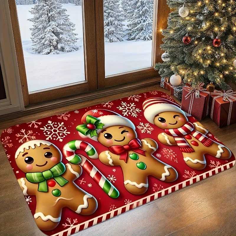 1pc Welcome Mat Bathroom Kitchen Mat with Cute Gingerbread-like Characters Red Non-Woven Floor Mat for Home Christmas DecorationM251117