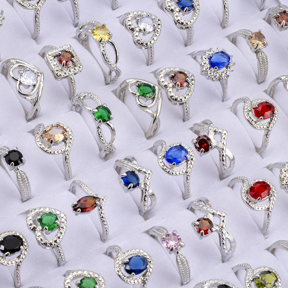 25Pcs/Lot Fashion Colorful Rhinestone Rings For Women Mix Style Engagement Wedding Jewelry Party Gifts Wholesale 251110