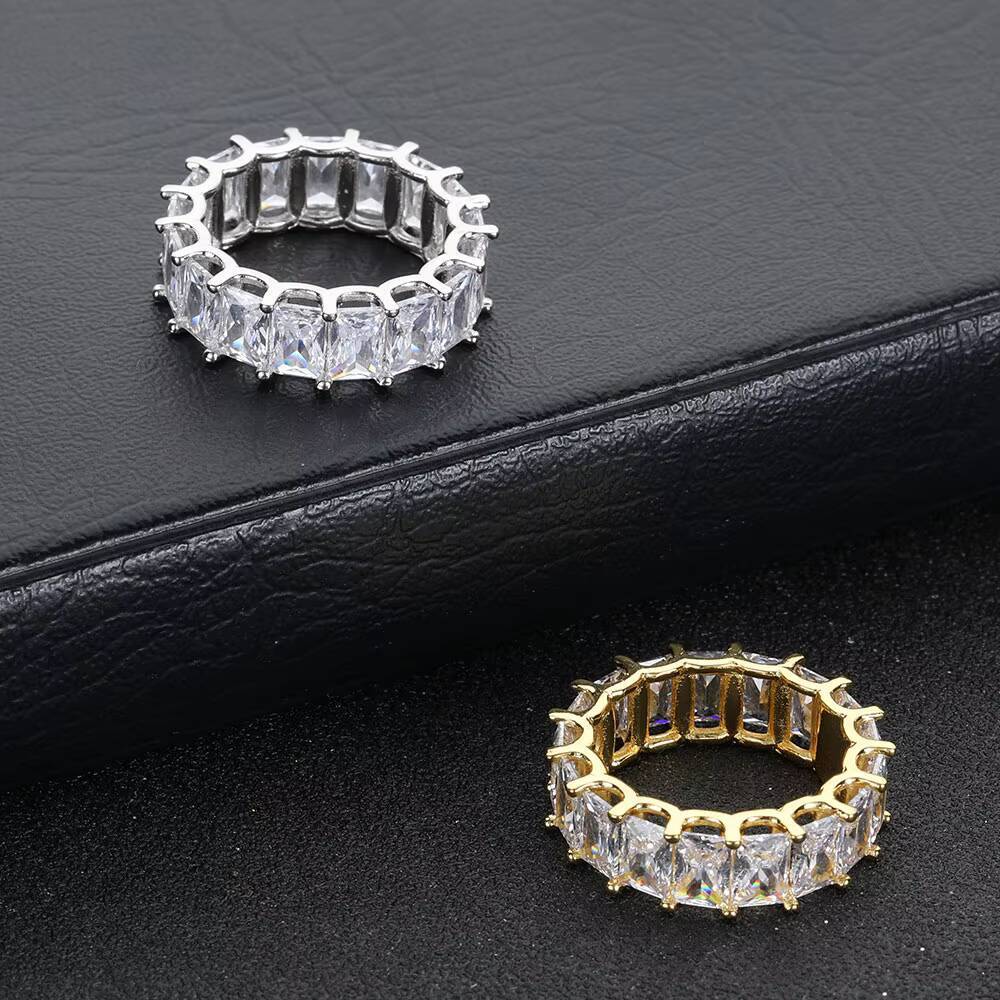 Moissanite Iced Out Diamond Rings Women Gold Plated Copper Micro Pave Bling CZ Square Zircon Ring
