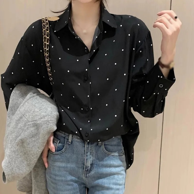 Retro Lapels Long Sleeved Shirt tie Streetwear Contrast Color Loose Fit Polka Dots All-Match Office Style Base Top Summer 250417
