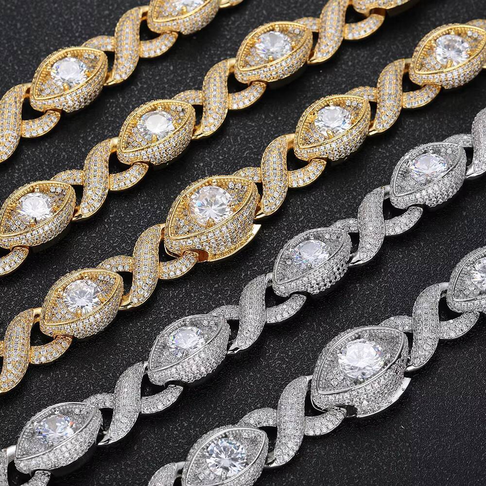 Moissanite 15mm Eye-Shaped Design Diamond Cuban Link Chain 18K Gold Plated Iced Out Zircon Cuban Chain Link Bracelet Women Fine Jewelry