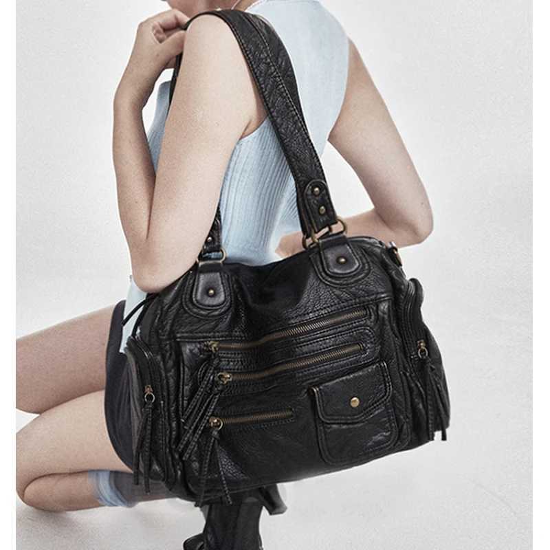 high quality bag Soft leather retro One shoulder messenger bag large capacity tote bag punk multi pocket Y2Kmotorcycle bagW251115