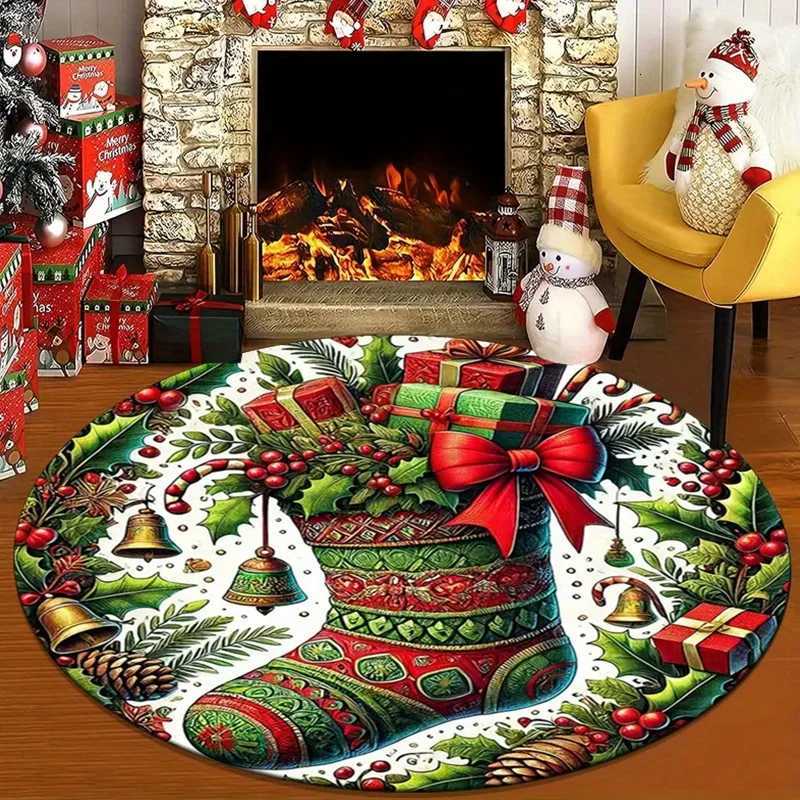 Christmas Stocking Gift Pattern Round Crystal Velvet Rug Holiday Decoration Floor Mat Xmas Tree Base Red Green Festive CarpetM251117