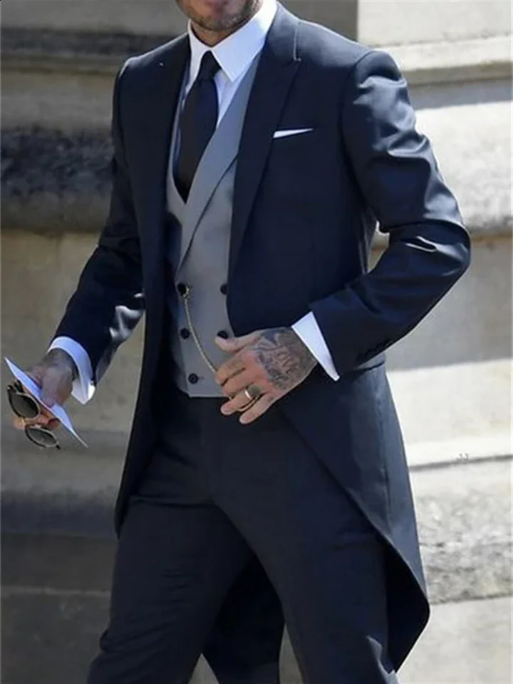 3 Pieces Italian Gentleman Style Wedding Man Long Tail Coat Groom Prom Tuxedos Formal Mens Suits Jacket Pants Vest 250415
