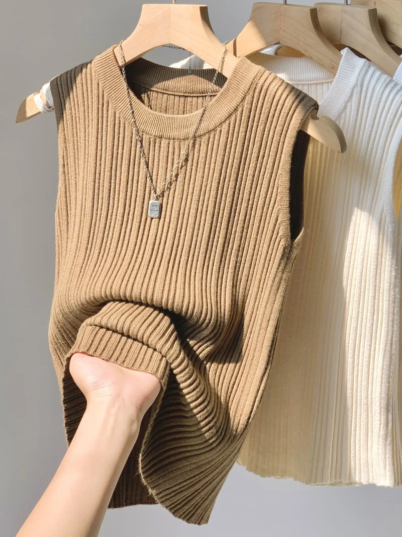 AOSSVIAO 2025 Waistcoat Women Wear Screw Thread Wide Edge Temperament Summer Top Short Knit Sleeveless Bottom Shirt 250417