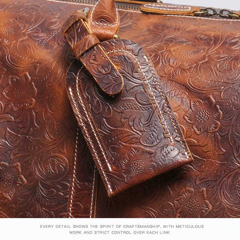 LEATHFOCUS Retro Embossed Handbag Mens and Womens Leather Travel Bag Large Capacity Business Luggage Bag Weekend Fitness BagW250417