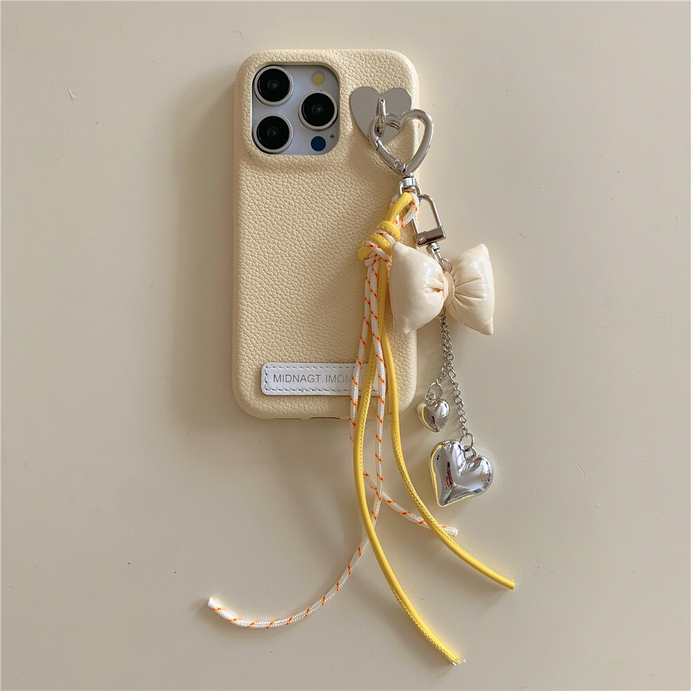 Butterfly Bow Heart Pendant Phone Case Compatible with iPhone 17/16 Pro Niche Solid Color Leather iPhone 15/14