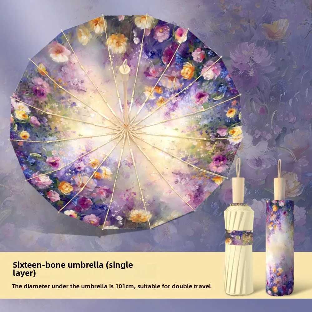Women Oil Painting Flowers 16 Ribs UV Protection Pongee Fabric Foldable Sun Rain Umbrella Color Coated C251117