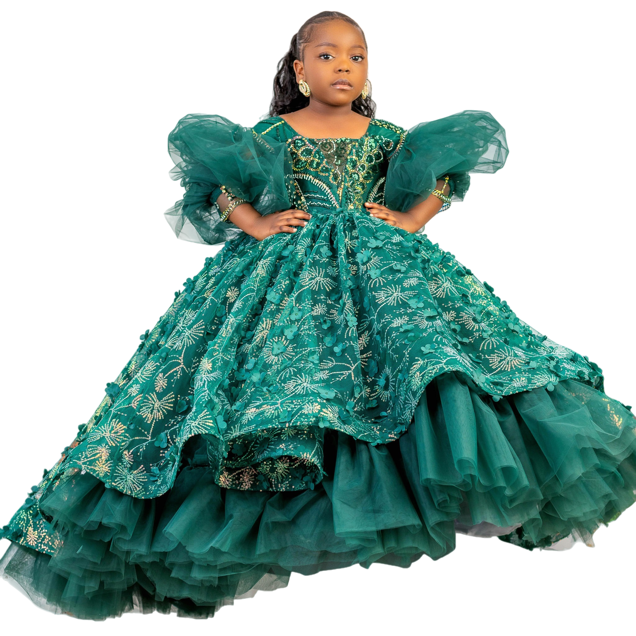 2026 Hunter Green Ball Gown Flower Girl Dresses 3D Floral Lace Long Sleeves Tulle Little Girl Christmas Peageant Birthday Christening Tutu Dress Gowns