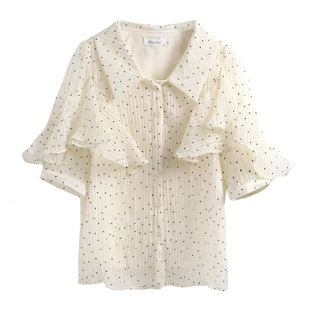 2025 Fashion Summer Turn Down Collar Women Shirt Short Sleeve Dot Chiffon Shirt Blouse Women Tops Blouses Camisas De Mujer G671 250417