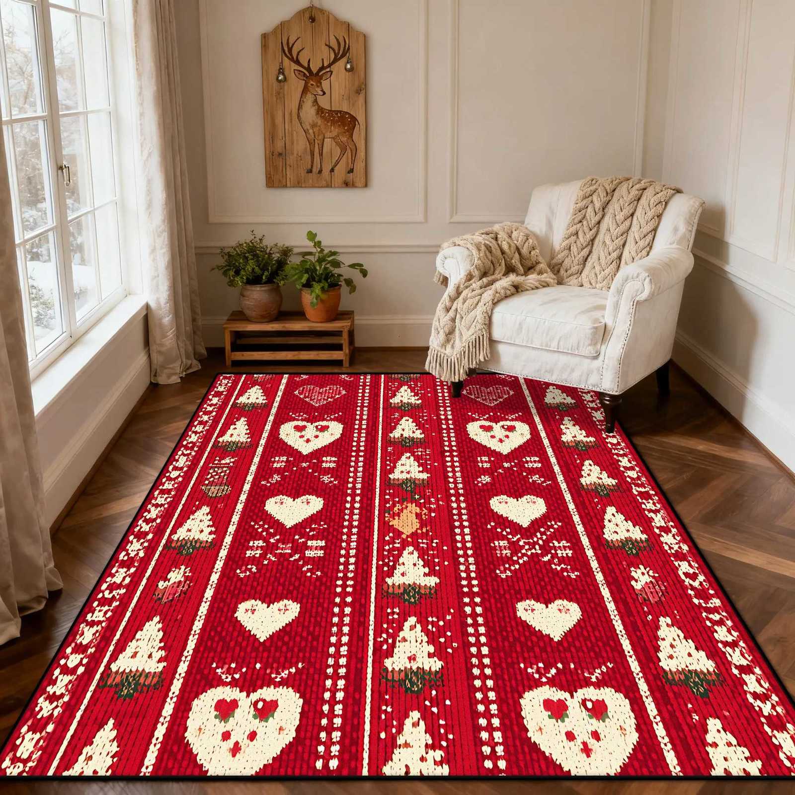 Christmas Style Red Living Room Carpet Christma Tree Decoration Bedroom Fluffy Thickened Rug Indoor Cloakroom Non-slip Floor MatM251117