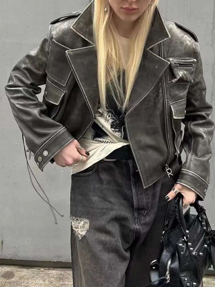 TWOTWINSTYLE Streetwear PU Leather Patchwork Pockets Jackets For Women Lapel Long Sleeve Spliced Zipper Jacket Female Fashion
