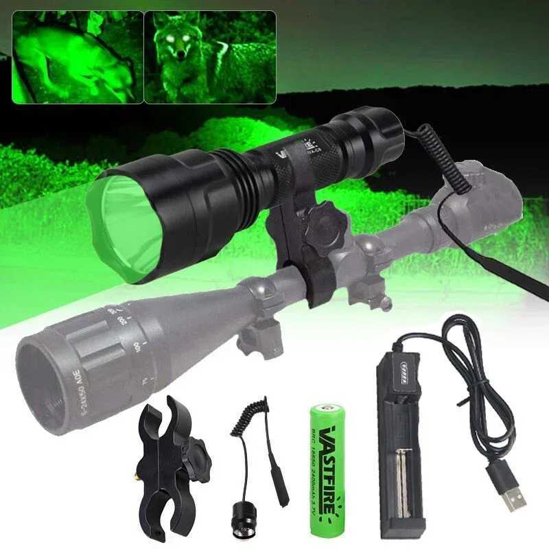 C8 LED Flashlight White/Green/Red Tactical Hunting Rifle LanternPressure SwitchRail Scope Mount18650USB Charger M251117