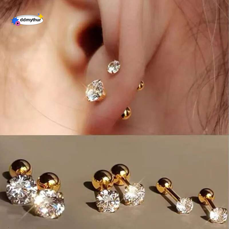 3Pairs Classic Round Zirconia Stud Earrings For Women, Stainless Steel Women's Cartilage, Tragus, Lobe, Daith Piercing Jewelry ddmythur