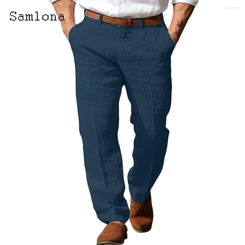Men's Pants 2025 Men Elegant Stand Pockets Cotton Linen Solid White Black Ankle-Length Trouser Plus Size Mens Casual Straight