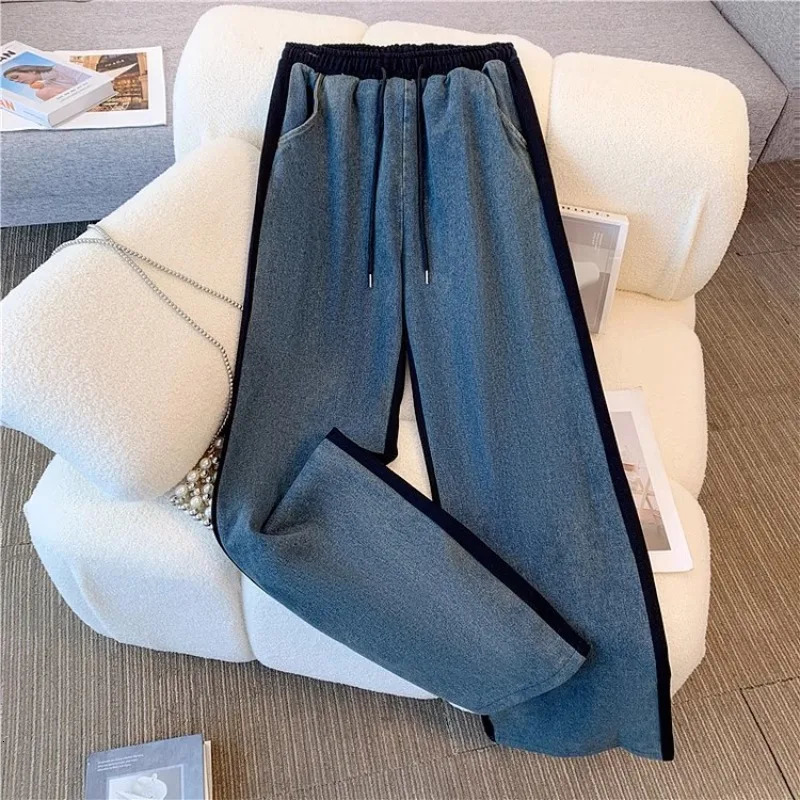 Y2K Vintage Denim Two-Piece Set Patchwork Long Sleeve Coat & High Waist Wide Leg Pants for Women - Loose Straight Fit C260312