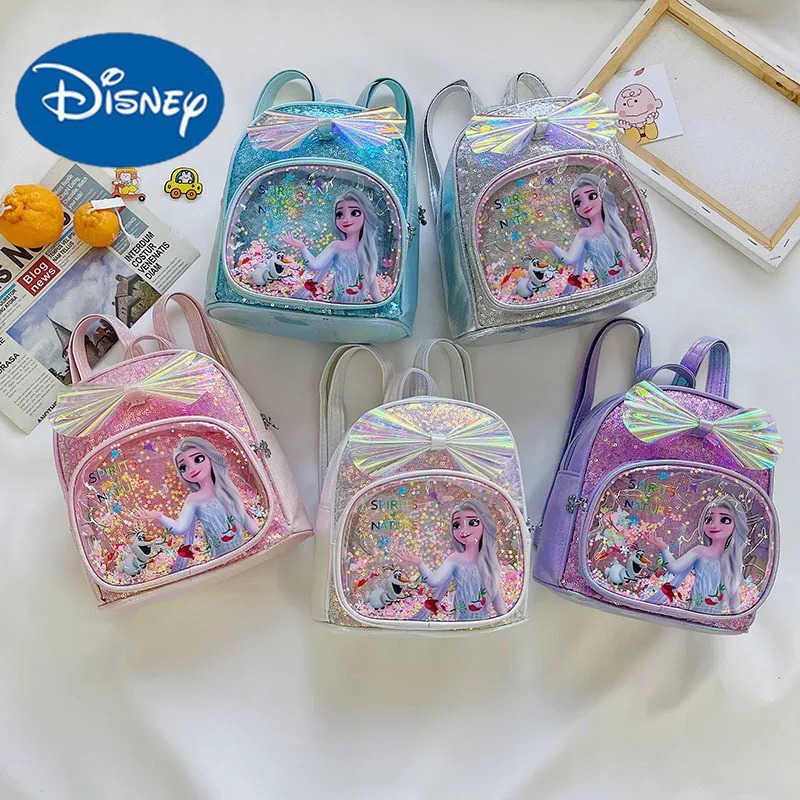 Disney Disney Frozen Backpack Glitter Frozen Elsa Anna Princess Childrens Backpack Fashion Girl Kavay PU Leather Travel Backpack GiftXJ250417