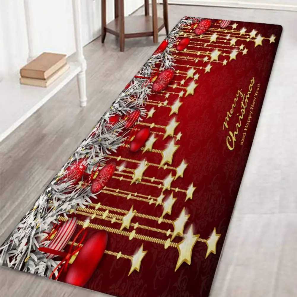 VIKAMA Christmas Runner Rug Santa Snowmen Reindeer Floor Mat Christmas Decoration Indoor Red Soft Flannel Carpet Home DecorationM251117