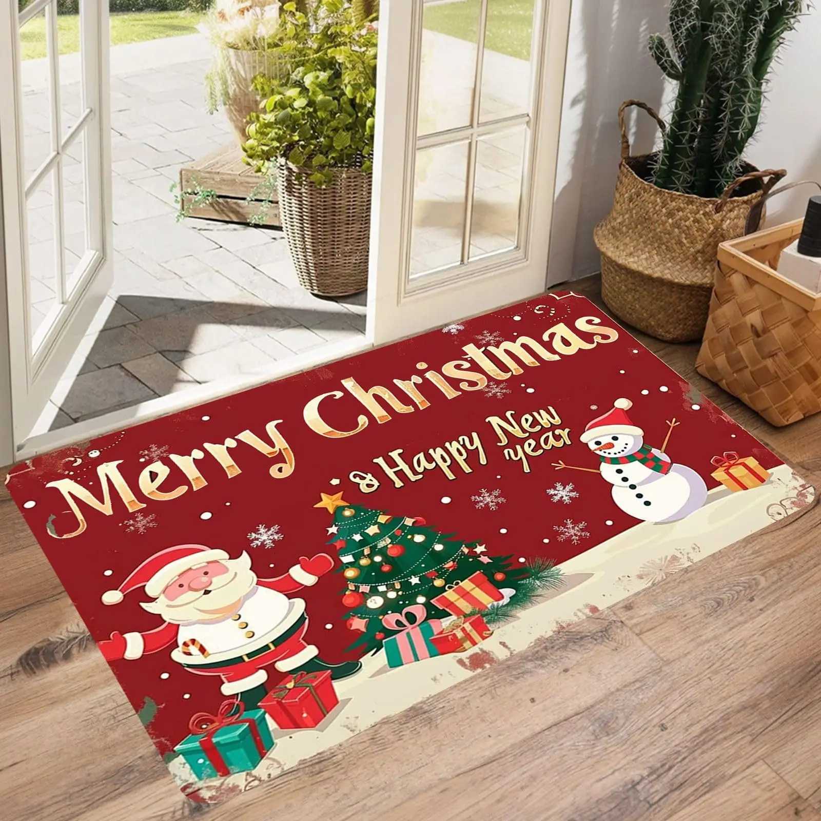 VIKAMA Christmas Outdoor Mat Merry Christmas and Happy New Year Indoor Floor Rug Welcome Front Doormats for Entrance Home DecorM251117