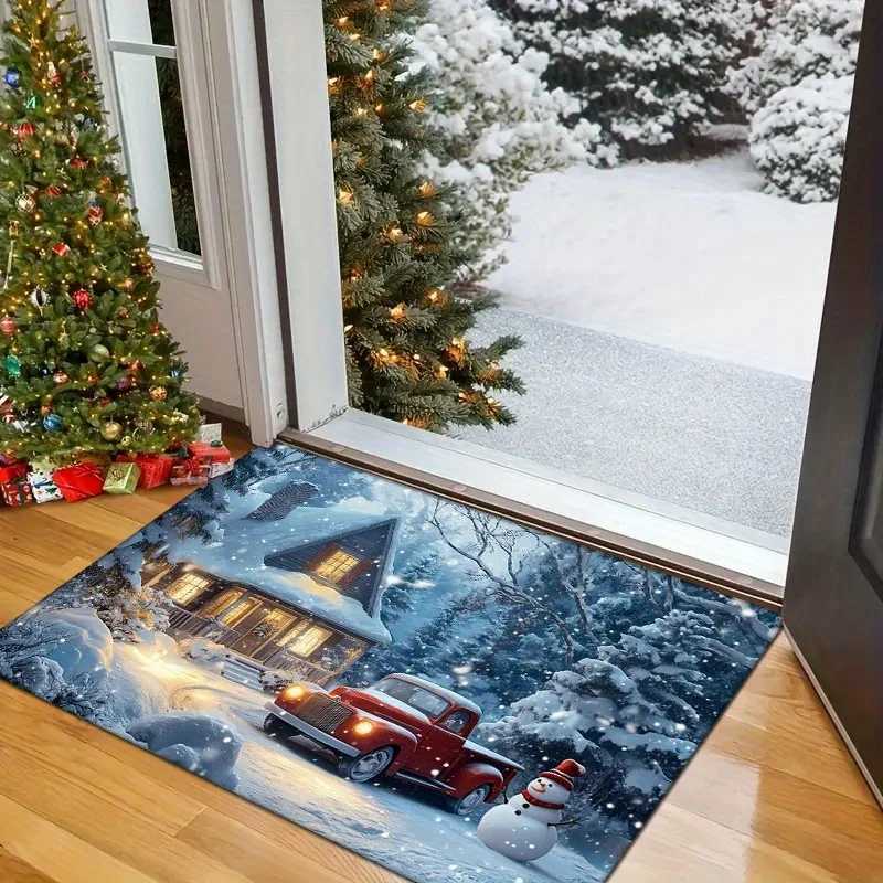 Flannel Thickness Mat - 1pc Door Mat Winter Christmas Snow Scene Non-Slip Mat Comfortable Floor Mat Merry ChristmasM251117