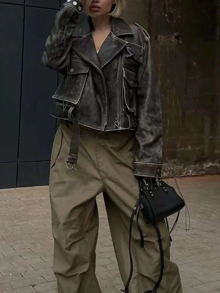 TWOTWINSTYLE Streetwear PU Leather Patchwork Pockets Jackets For Women Lapel Long Sleeve Spliced Zipper Jacket Female Fashion