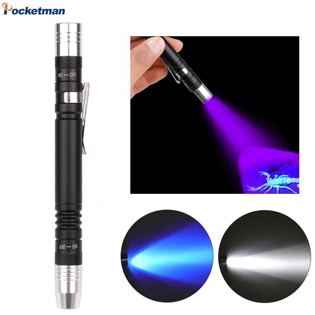 Portable LED Flashlight Mini UV Pen Light Multifunctional 395nm Ultraviolet Torch White Purple Pen Light Detector Torch for Test M251117