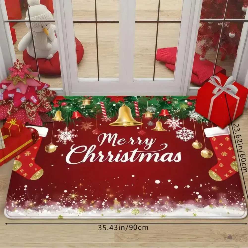 1 Pc Christmas Decorative Doormat Red Christmas Tree Bell Pattern Soft Entry Mat For Bathroom And Kitchen Pvc Backing Non-SlipM251117