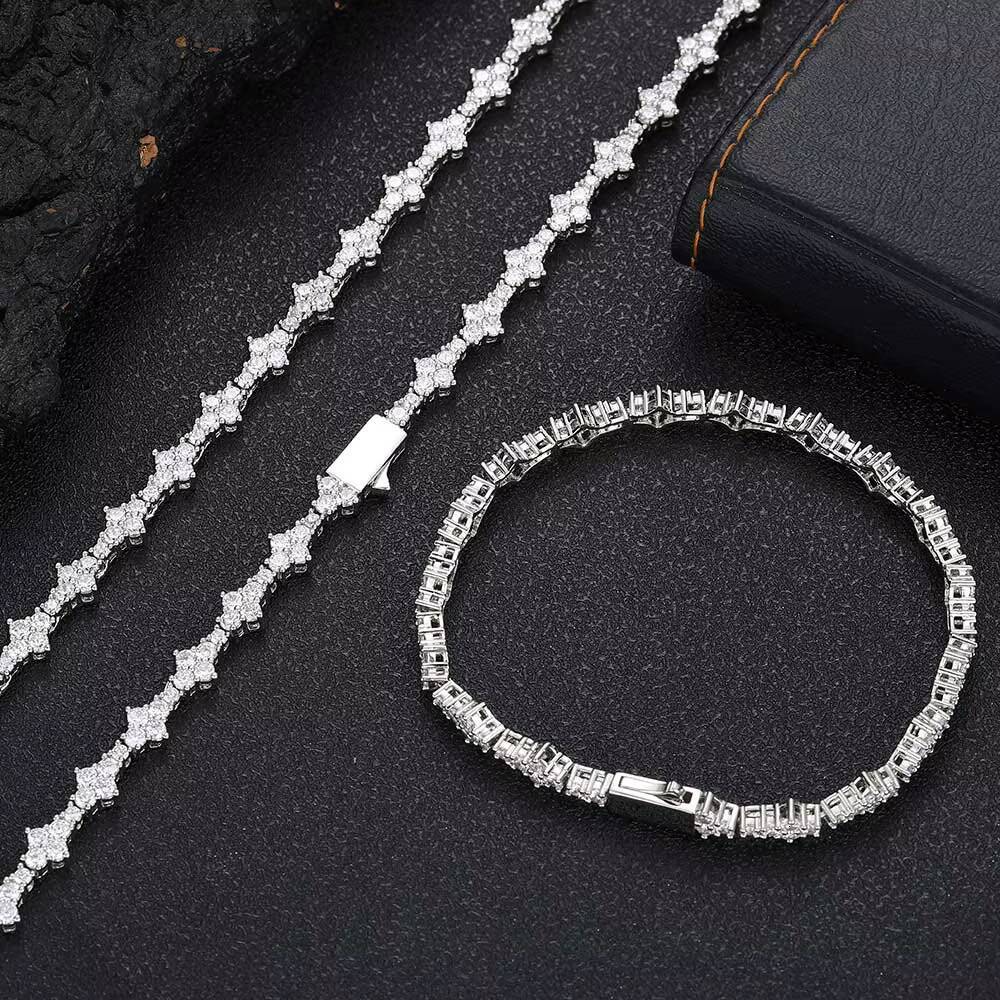 Moissanite New Arrive 65mm Silver Tennis Chain Brass with Bling Zircon Flower Shaped Tennis Chain Necklace for Women