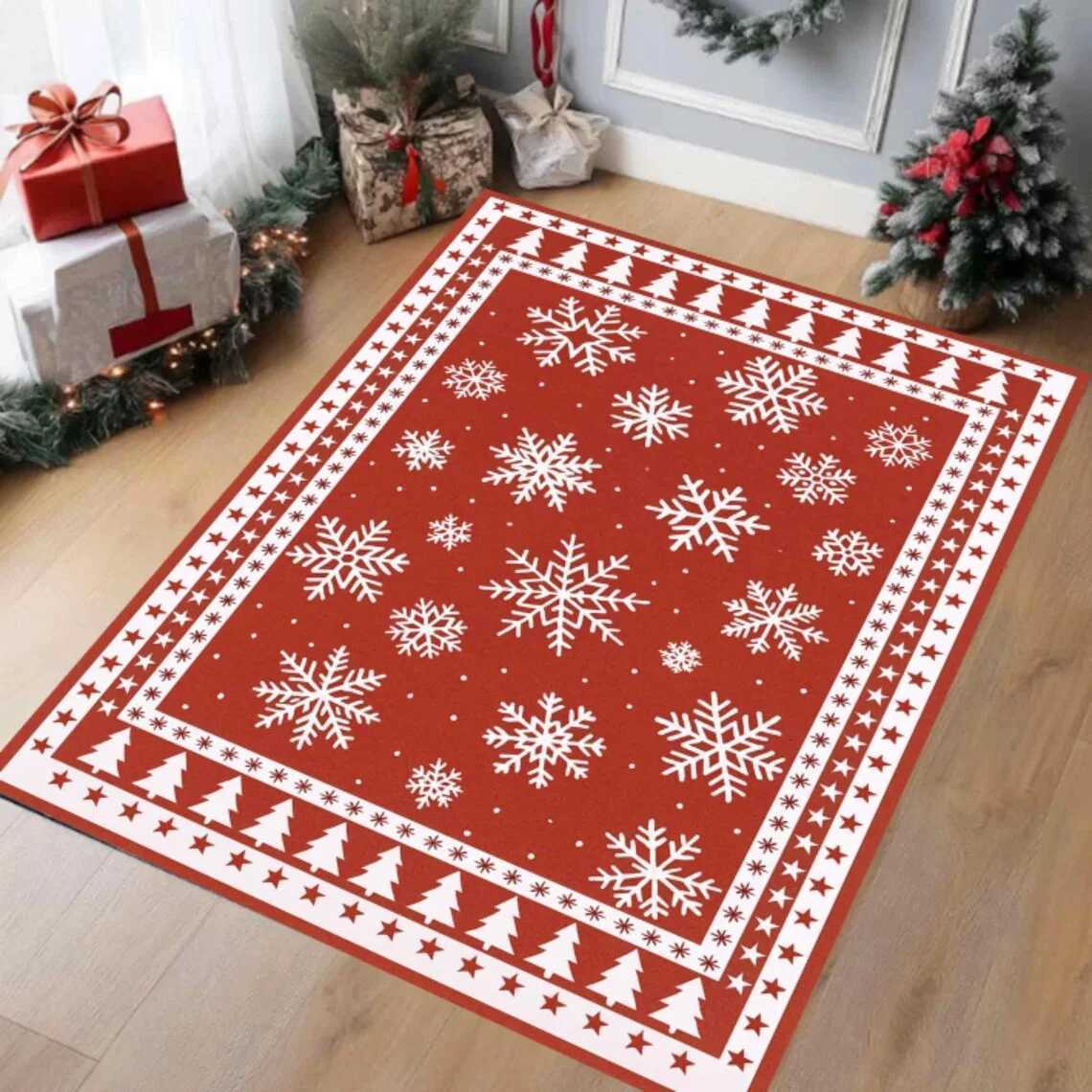 Snowflake Christmas Rug Merry Christmas Carpet Holly Xmas Floor Mat Christmas Area Rug DecorM251117